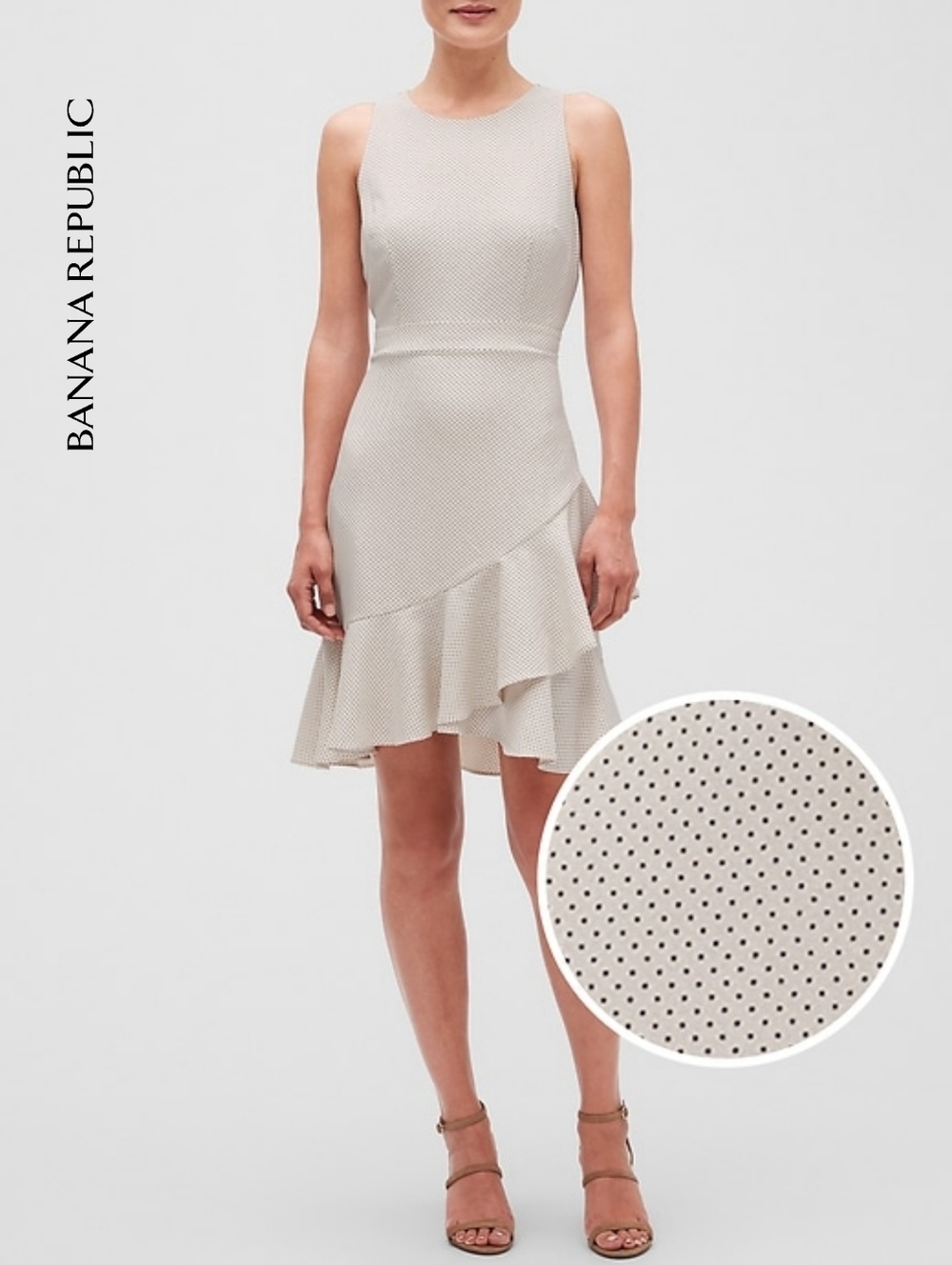 Sz 0 Banana Republic Print Ruffle-Hem Sheath Dress Off White Dot Print